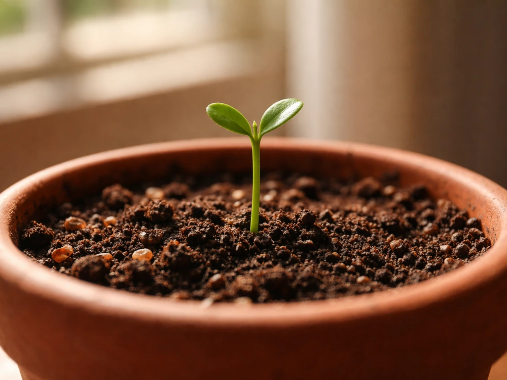 Kumquat seedling sprouting from soil in a small pot under warm, sunny natural light