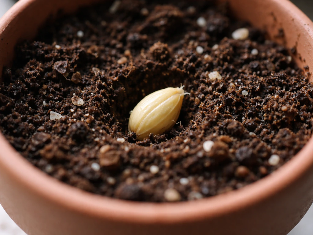 Top-down view of a kumquat seed in moist potting mix in a small planting pot.