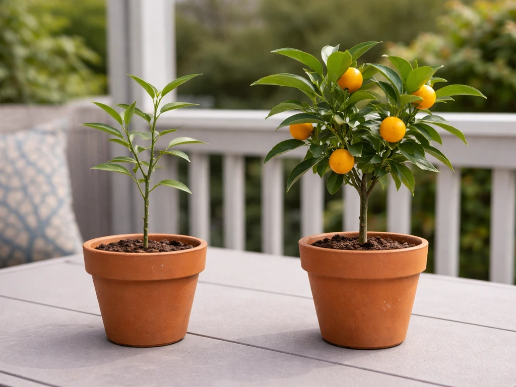 Side-by-side seed-grown and grafted kumquat saplings in pots on a patio table under natural light.