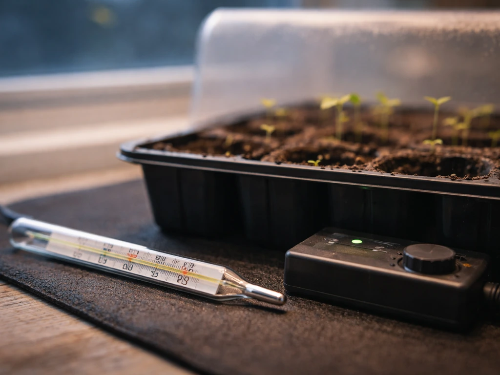 Thermometer beside seed-starting trays on a heating mat, with warm day and cooler night implied setup.