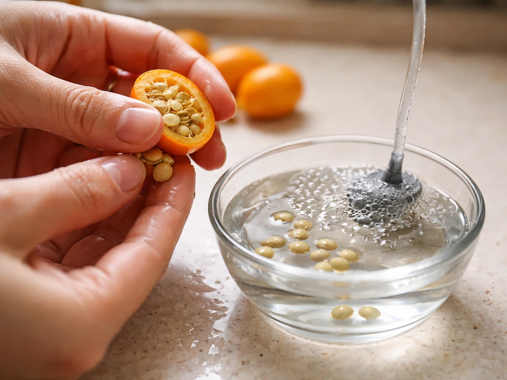 Hands rinse kumquat seeds in a small bowl of water with an aeration air stone nearby.