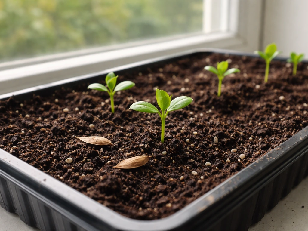 Close-up of a seed tray with moist soil and early mandevilla seedlings emerging on a windowsill.