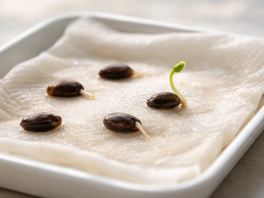 Close-up of mandevilla seeds on damp paper with a subtle 5-day germination cue sequence in the background.
