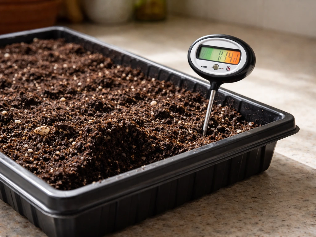 Seed-starting tray with moist soil and a probe thermometer showing the 72–75°F target range.
