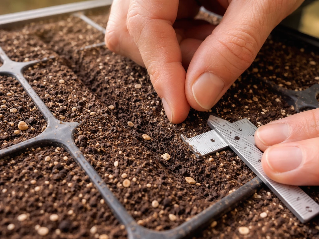 Close-up of hands sowing tiny seeds in shallow soil depth with a ruler for scale