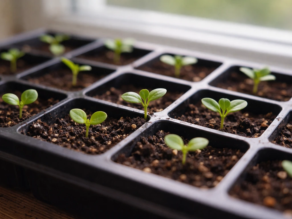 Mandevilla seedlings in a small tray, showing cotyledons and early true leaves progressing toward transplant.