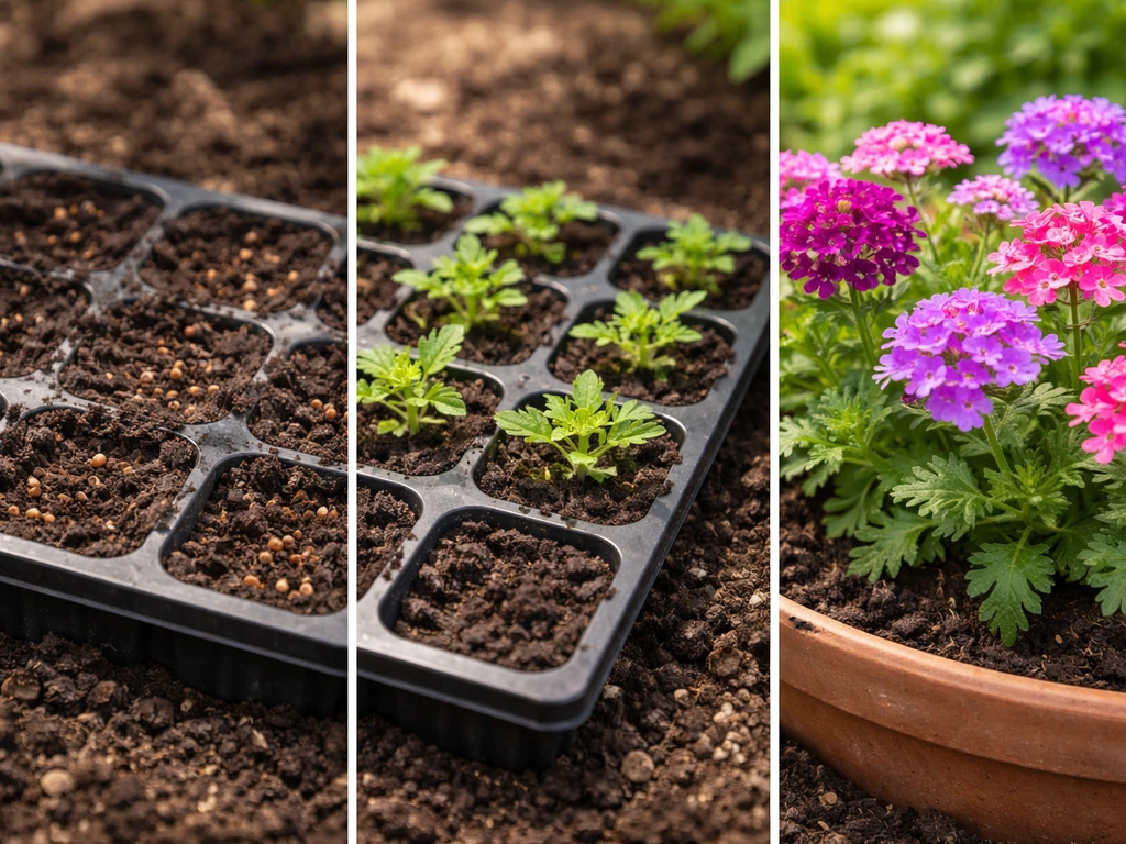 Three-stage verbena progression: seeds, seedlings, then vibrant flowering in one minimal photo.