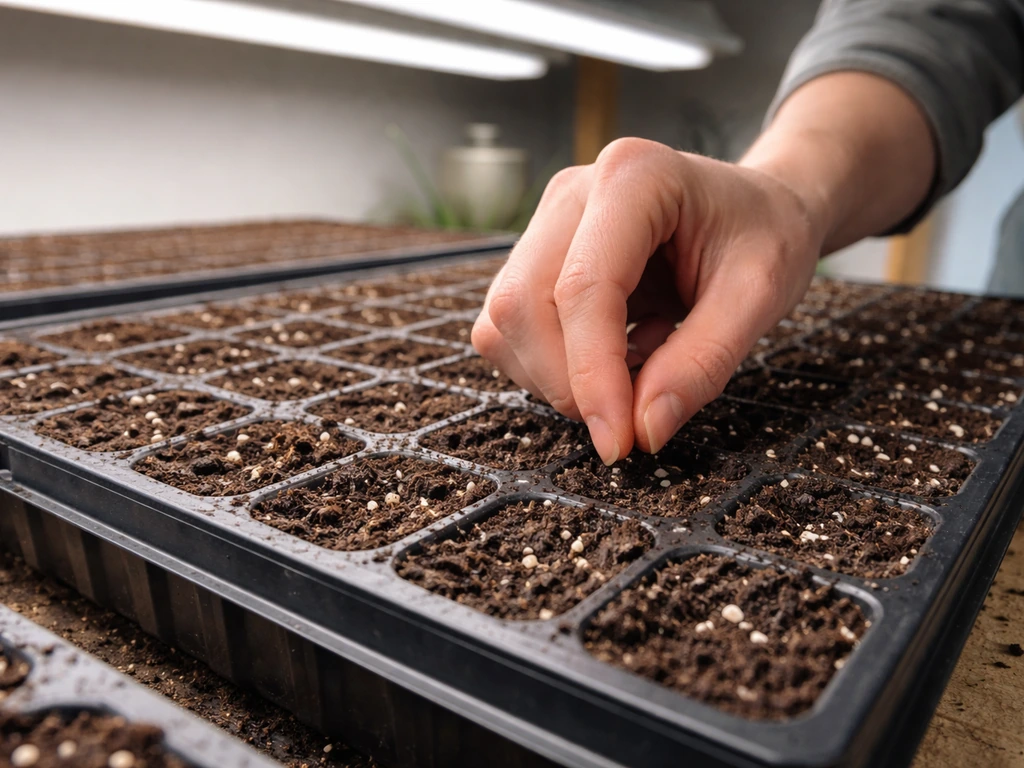 Hands sowing verbena seeds into seed-starting trays under grow lights in a tidy indoor setup.