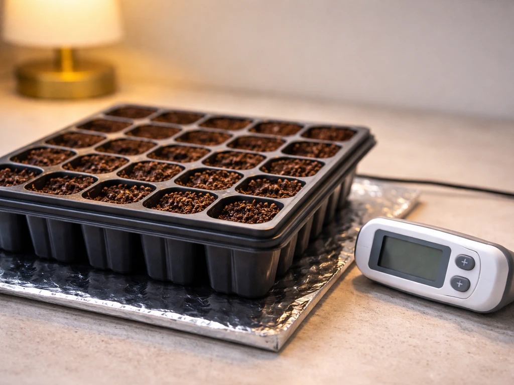 Digital thermometer resting beside a simple germination tray with warm soil under natural light.