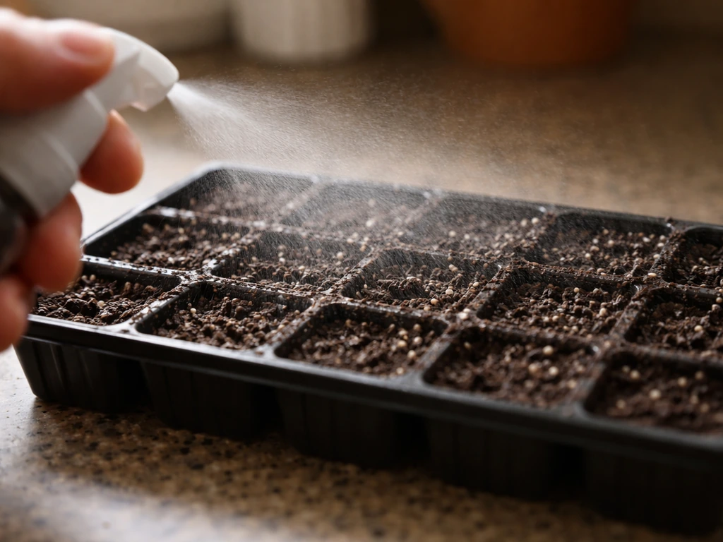 Closeup of verbena seeds lightly covered with soil and gently misted for even moisture