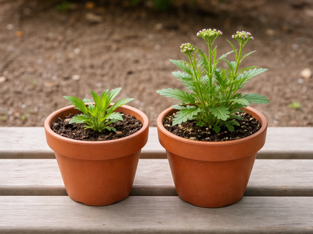 Two potted verbena plants side-by-side showing early growth vs. taller plant with emerging buds.