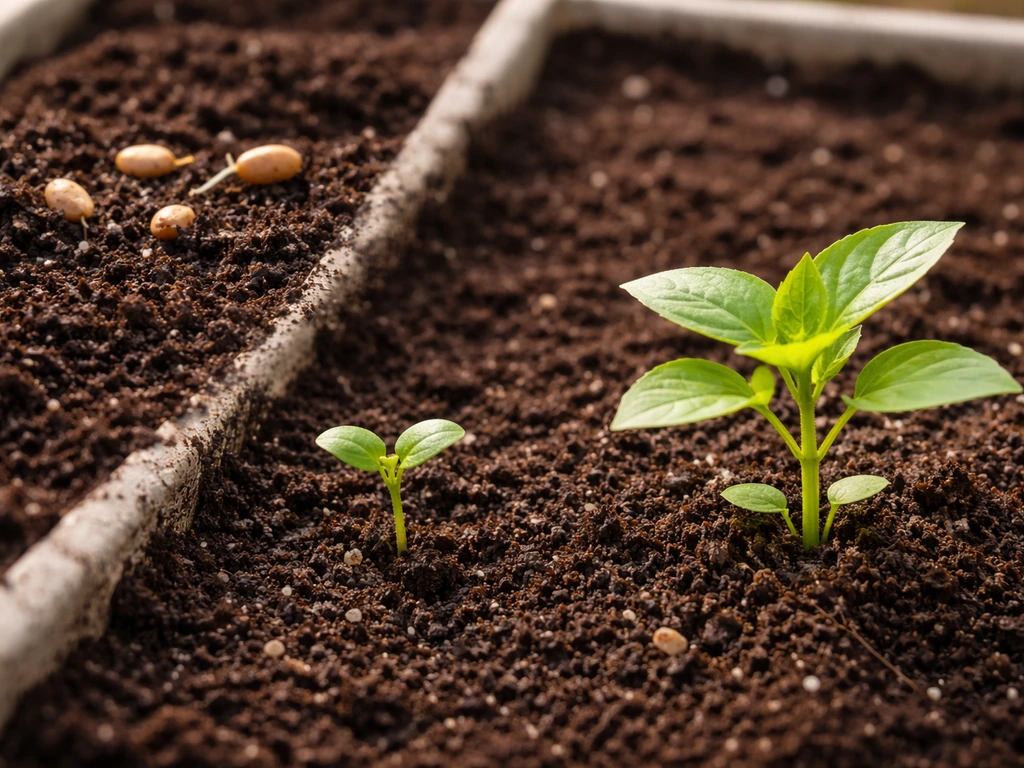 Three-stage spring seed growth: germinating seed, seedling emerging, and young plant ready to harvest.