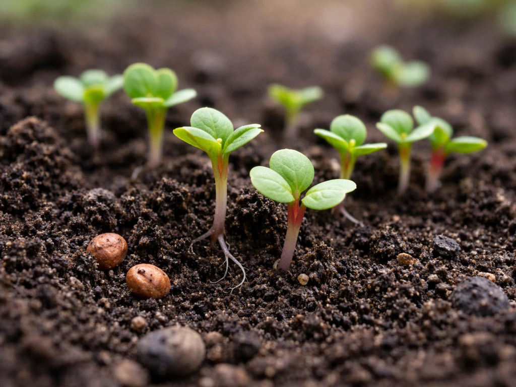 Radish seedlings emerging from dark spring soil in close-up near the surface