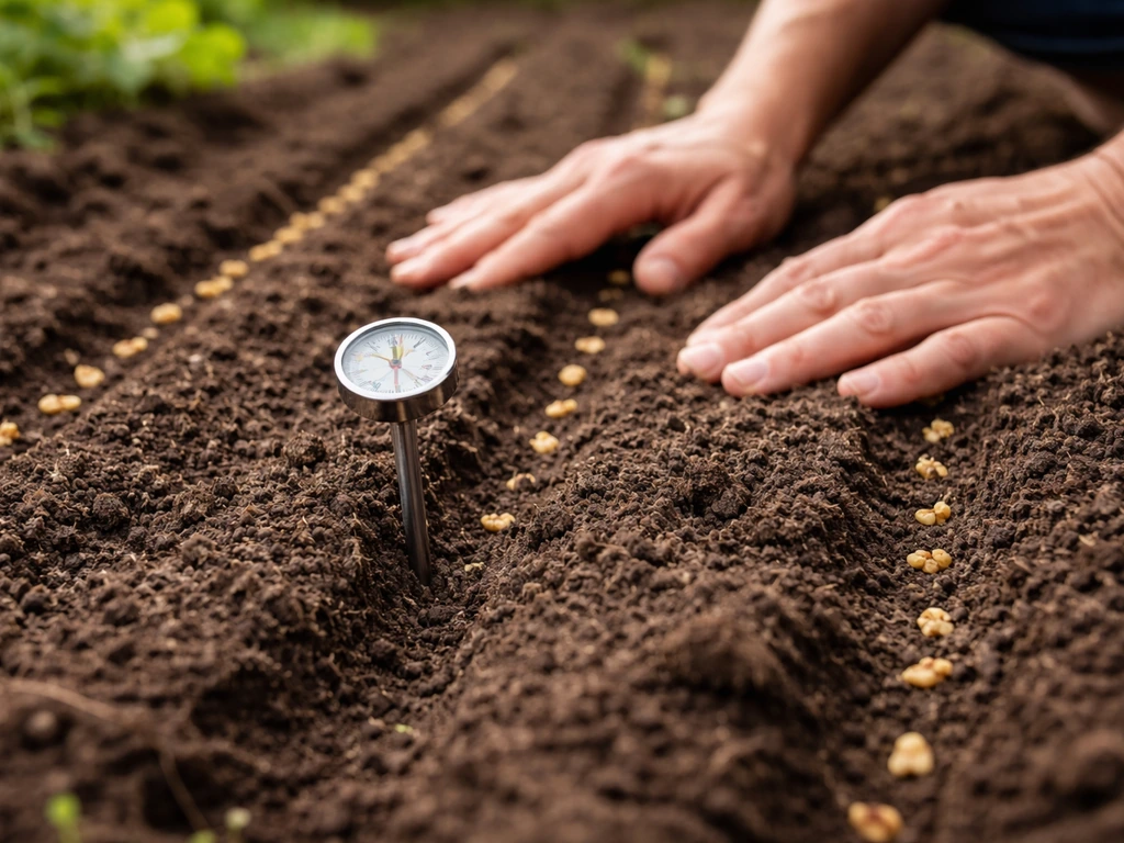 Gardener inserts a soil thermometer about 2 inches into a spring seed row.
