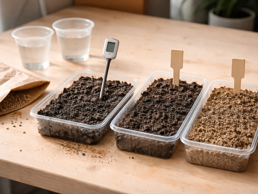 Unpacked seed packet beside simple soil test setup with cold, damp soil in labeled seed beds