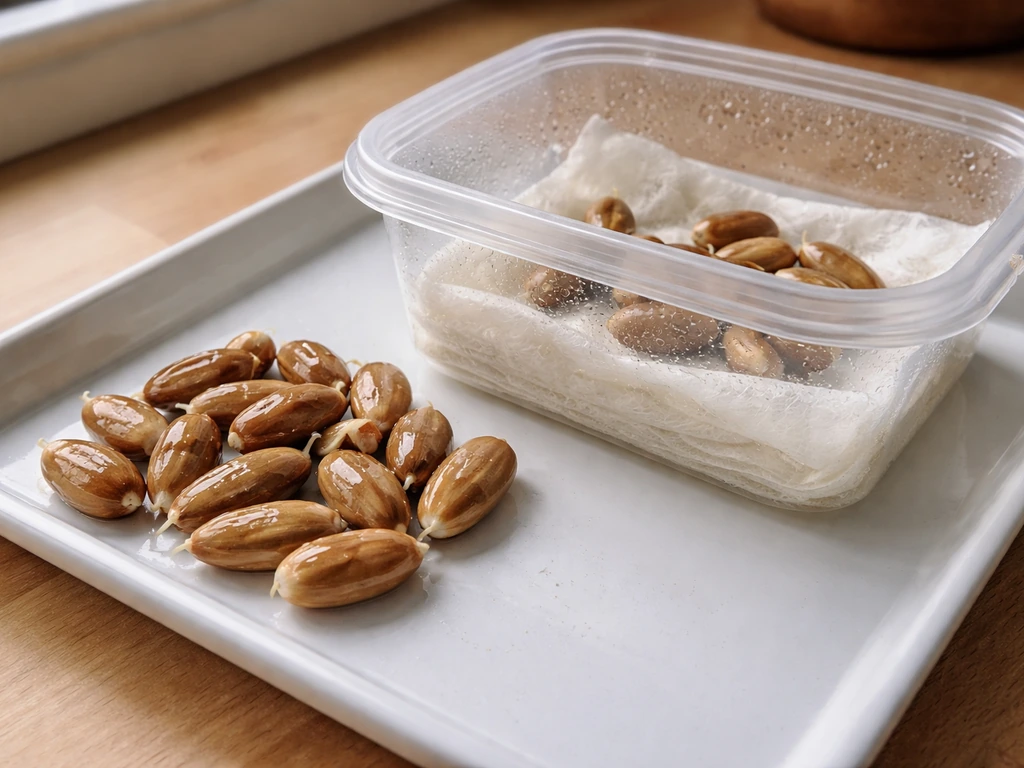 Soaked palm seeds beside a simple germination setup in a small tray, ready to plant.