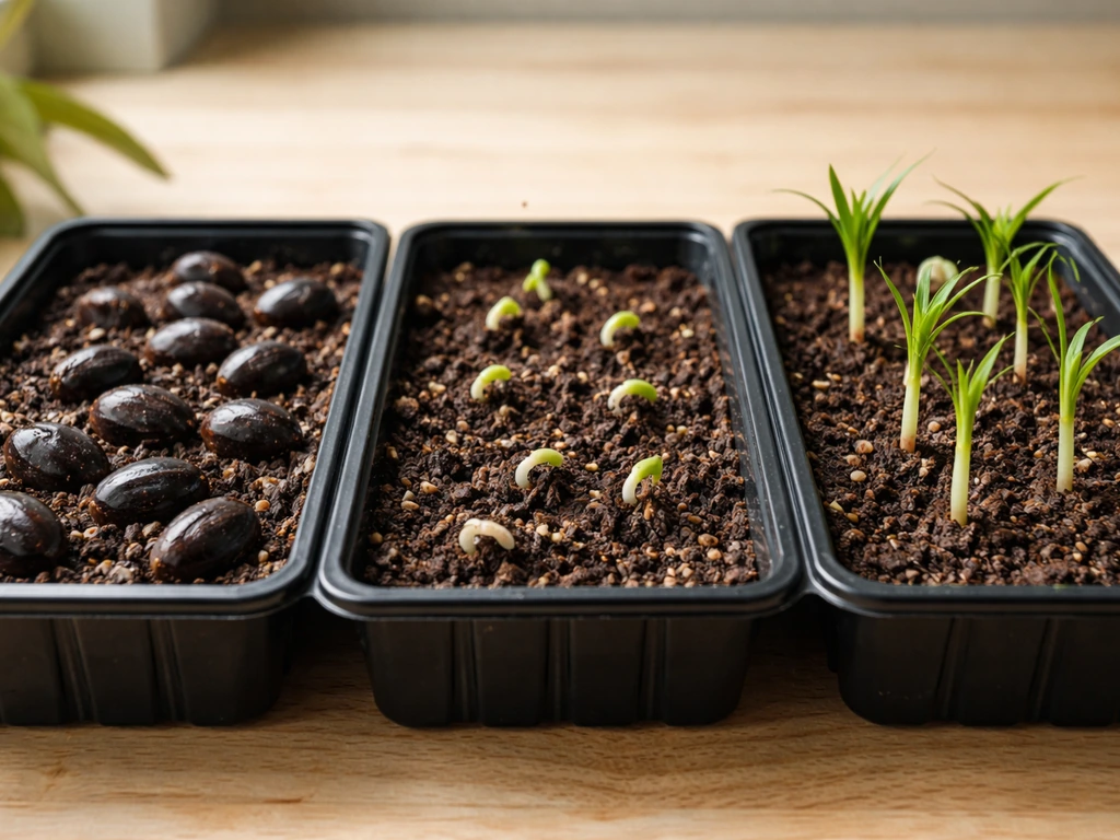 Three-stage palm seed germination in separate trays: soaked seeds, sprouts, then small seedlings.