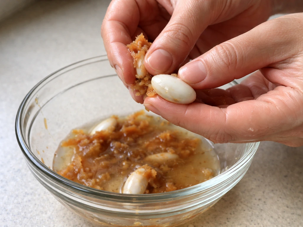 Anonymous hands scrubbing softened fruit flesh off palm seeds, with a clean seed visible in the foreground.