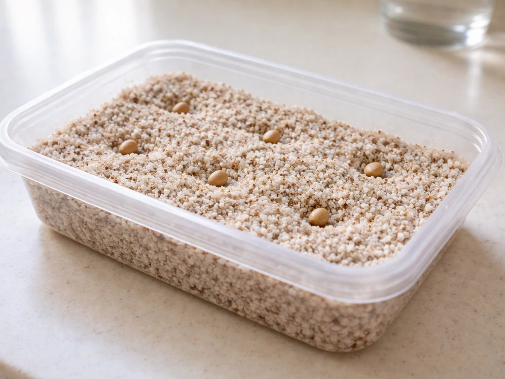 Clear germination container with moist perlite-based medium and neatly positioned seeds on a clean counter.