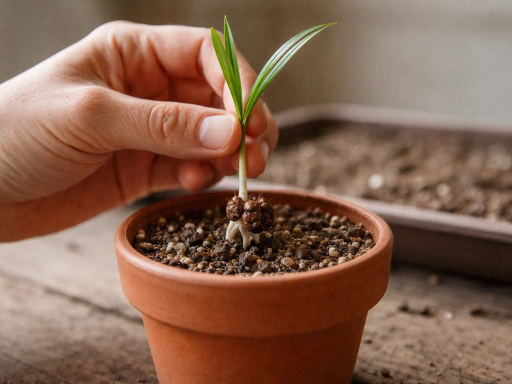 Close-up of a palm seedling being transferred from germination medium into a small pot with well-draining mix.
