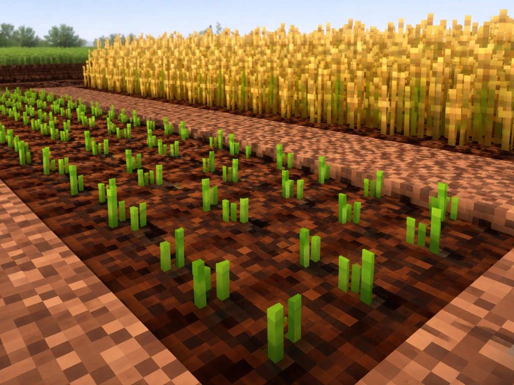 Mature wheat ready to harvest next to young seedlings in a simple Minecraft farm row