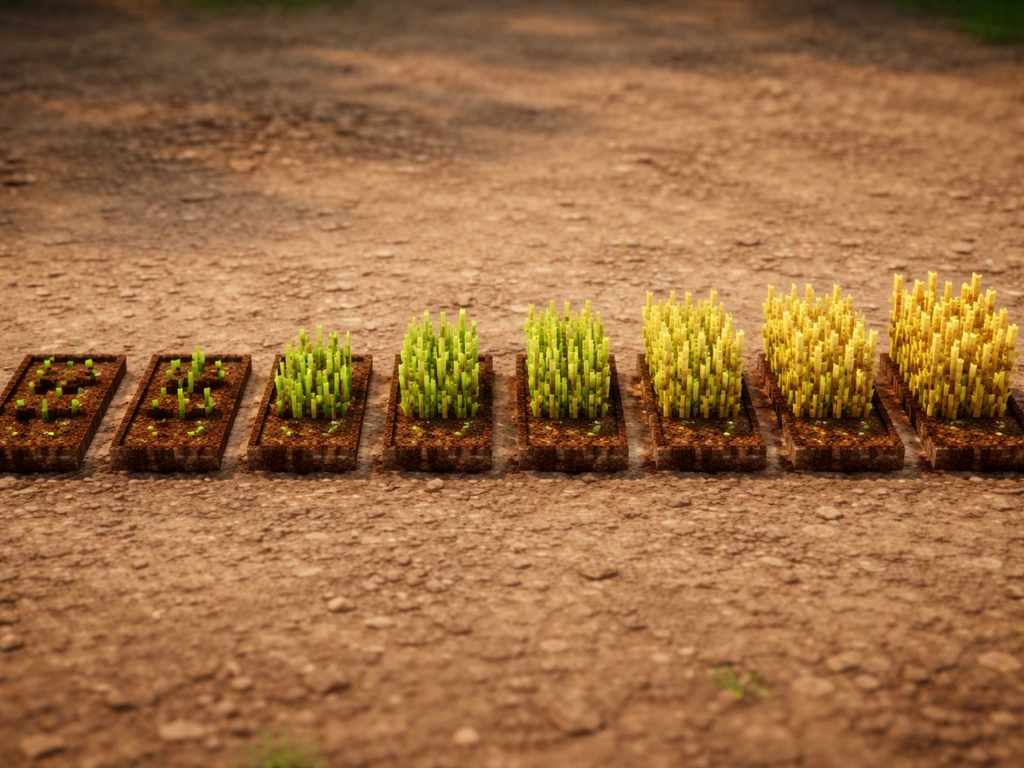Side-by-side row of blocky wheat crop blocks from tiny sprouts to fully golden harvest stage.