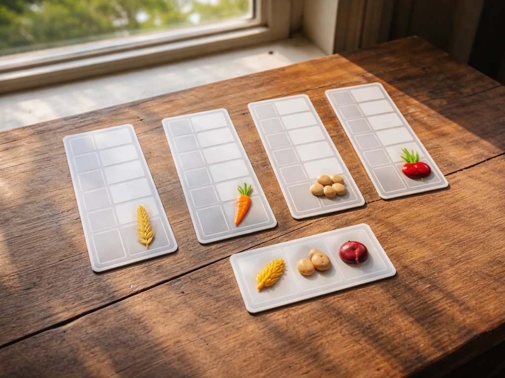 Minimal desk scene with four blank crop growth cards suggesting stages and maturity for wheat, carrots, potatoes, beetro