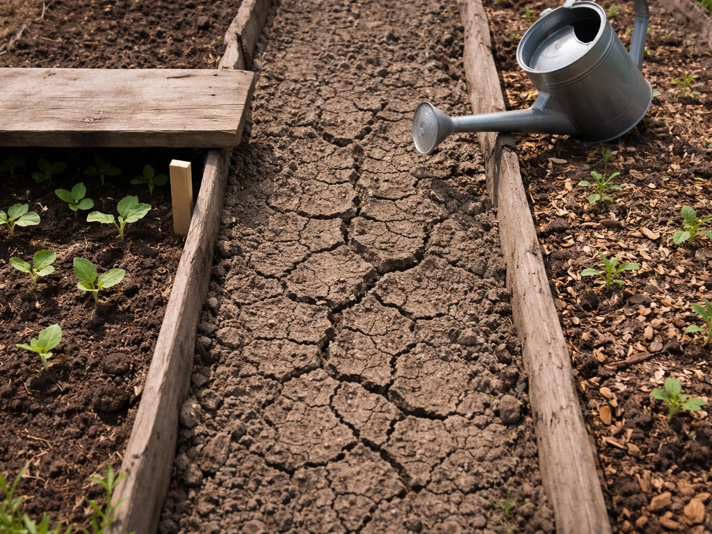 Close-up of a garden bed showing low light under a plank, dry cracked soil, and sparse sprouts.