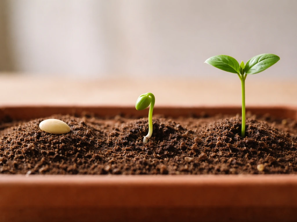 Three-stage view of grapefruit seed, sprout, and young seedling in soil, in one minimal tabletop scene.