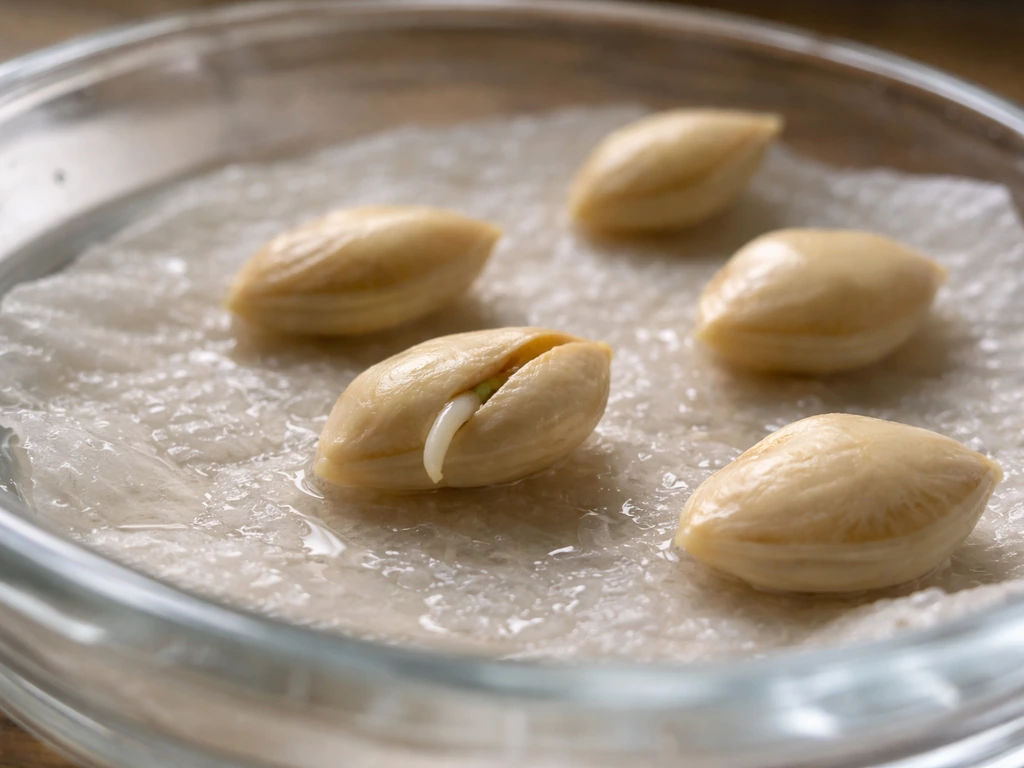 Macro close-up of grapefruit seeds cracking on a damp paper towel with a tiny sprout emerging.