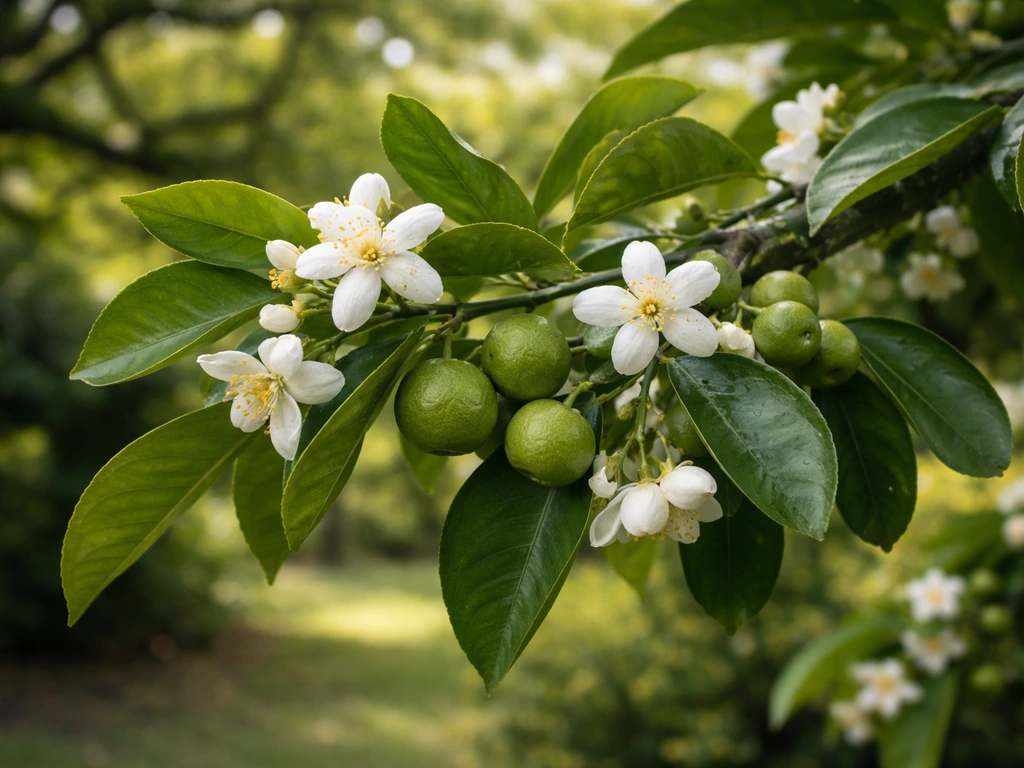 Grapefruit tree branch with white blossoms and small green fruit in soft natural light.