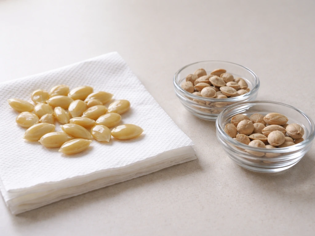 Fresh grapefruit seeds on a paper towel beside older dried seeds in small containers