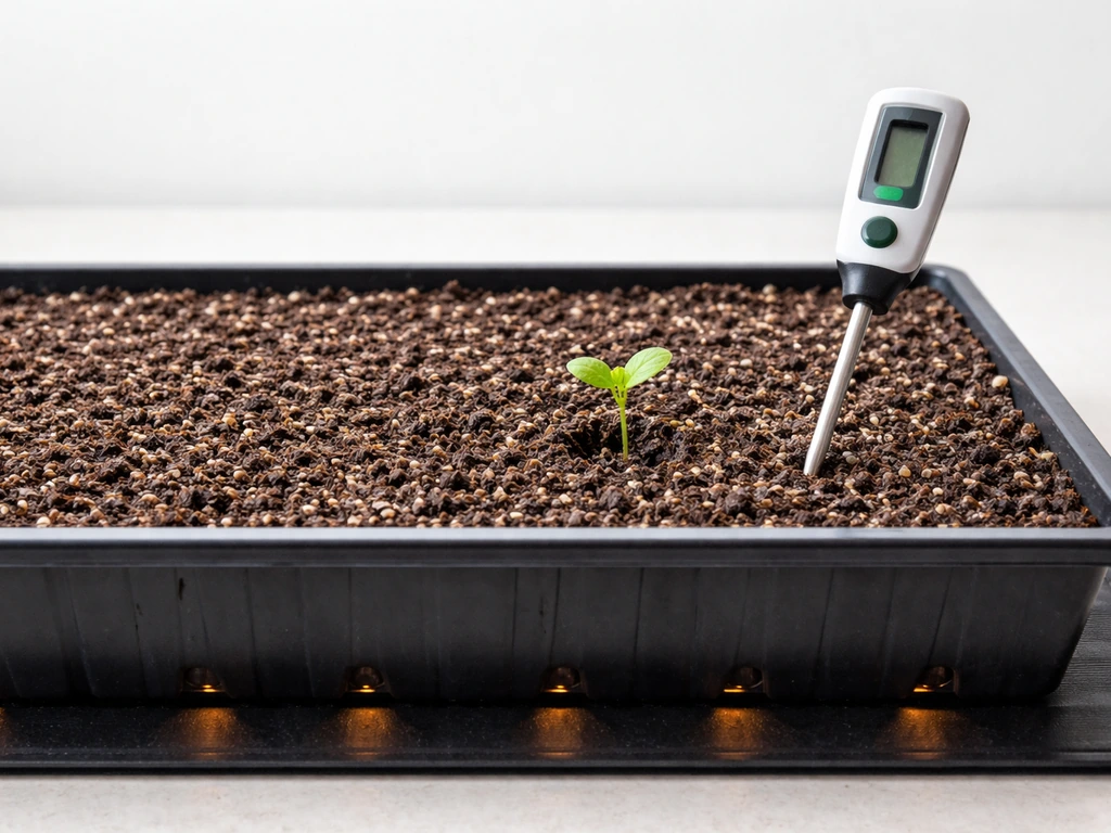 Grapefruit seedling in a shallow nursery flat on a heat mat with a soil thermometer probe