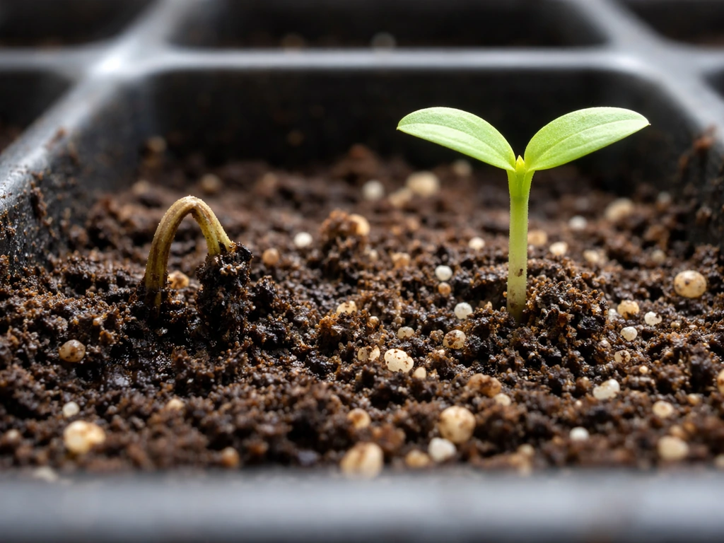 Close-up of one collapsed seedling at the soil line next to a healthy upright seedling in sterile mix.