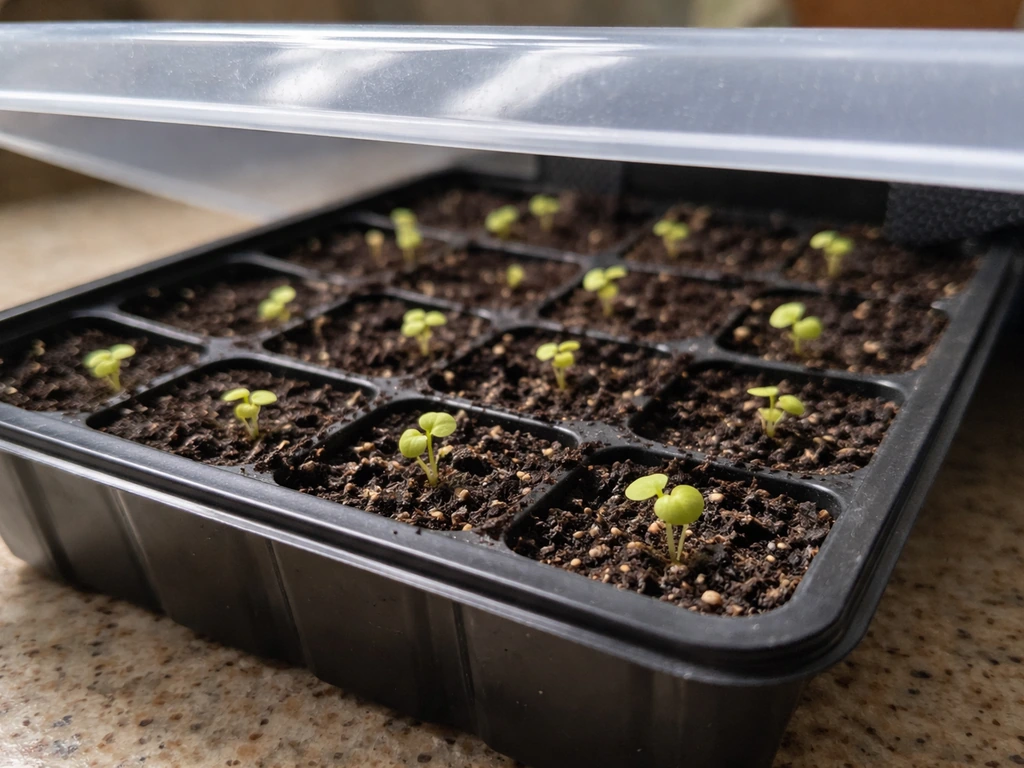 Close-up of covered seed tray with tiny dark sprouts emerging, showing pansy germination stage