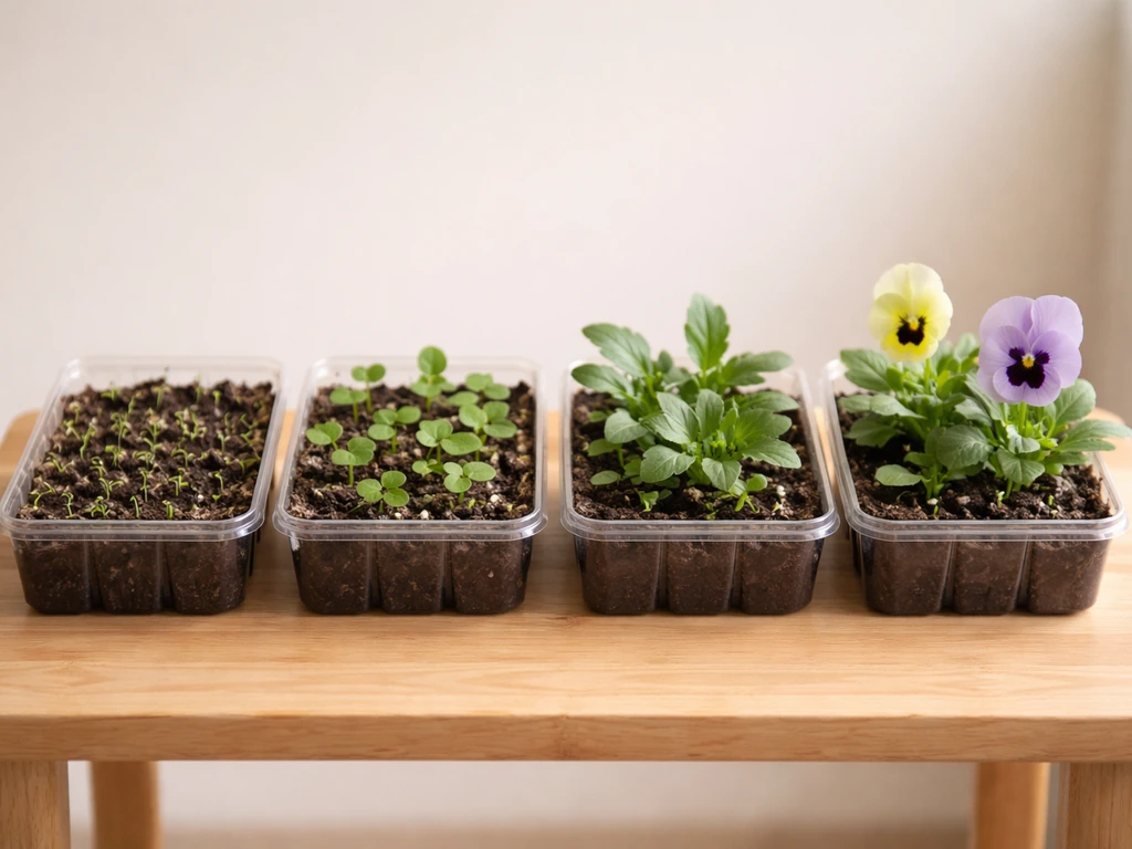Four small potted pansy plants at different growth stages, from sprouting to first blooms.