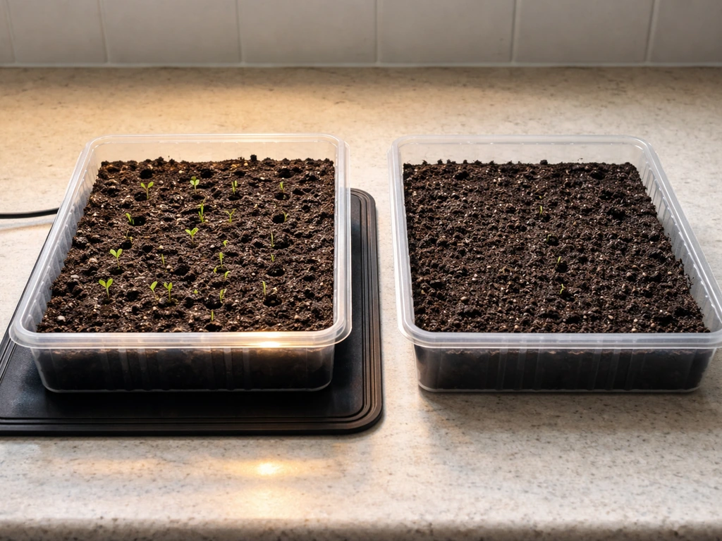Two seed trays side-by-side with different warmth levels, showing varied sprout progress under minimal natural light.