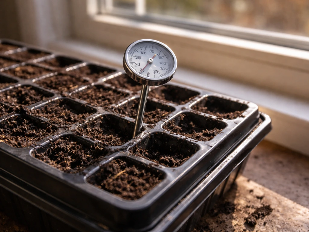 Seed-starting tray with a thermometer probe in the soil, tray positioned toward warmer light.
