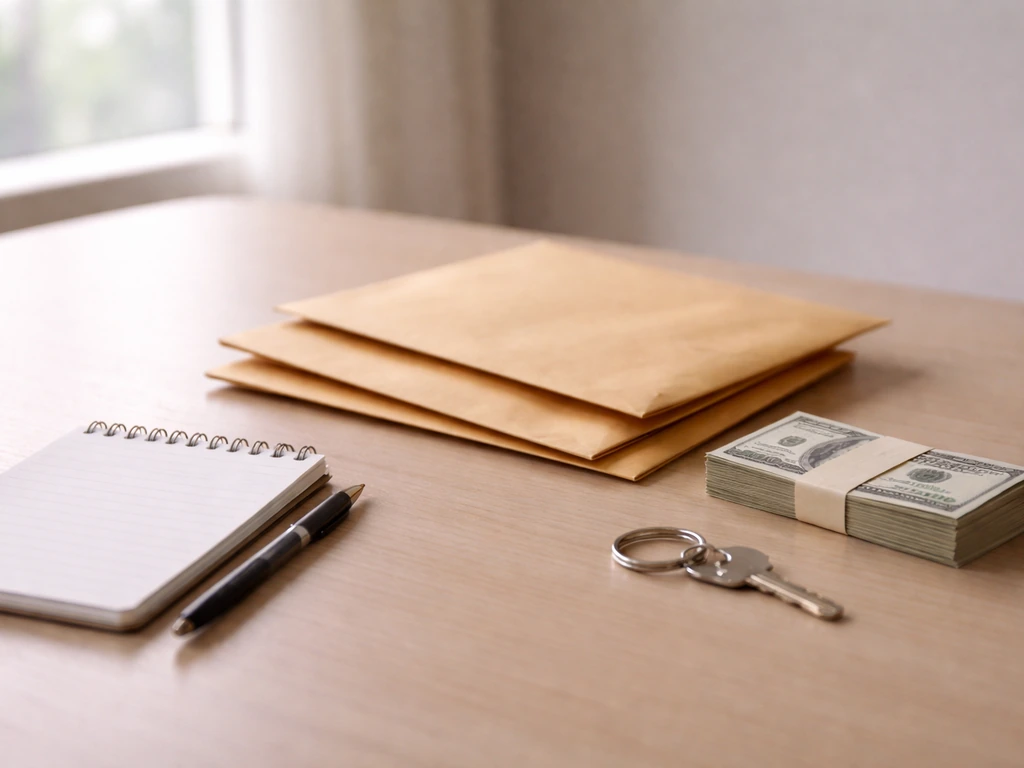 Minimal desk scene with an evidence-style money envelope stack and a notepad, suggesting a net worth range