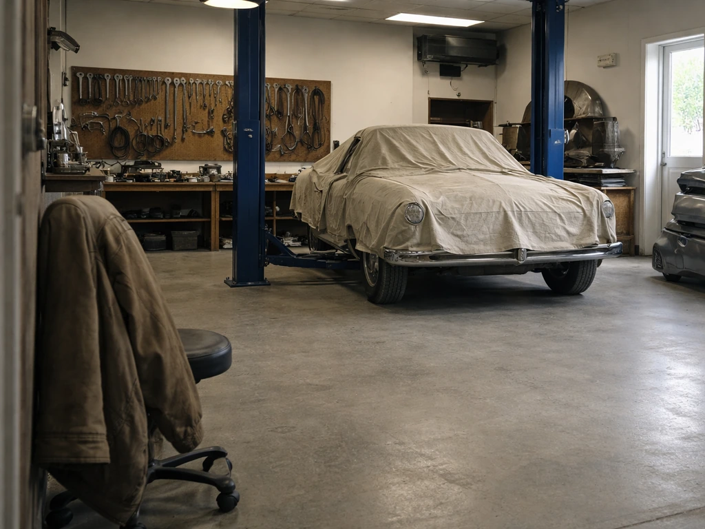 Quiet restoration shop with a car on a lift, tools on the wall, and parts stacked in the background.
