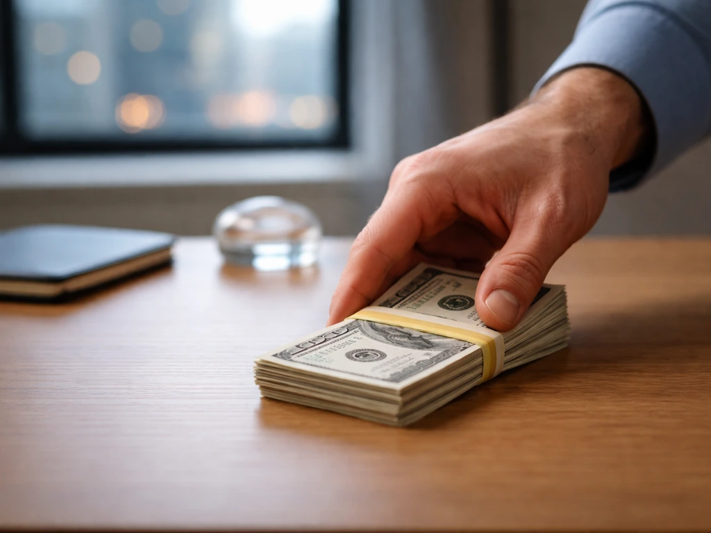 Minimal desk scene with a hand holding money and a highlighted range concept in the background, no text.