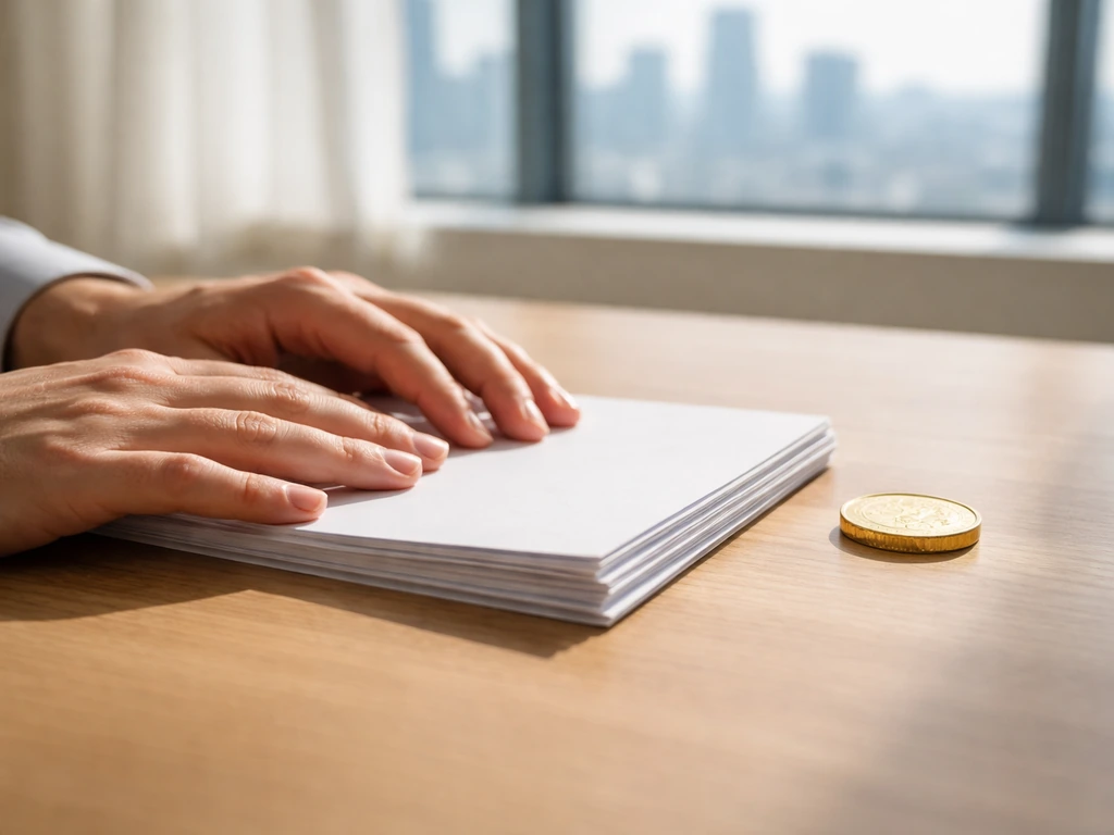 Minimal finance scene showing anonymous hands holding a document and a coin, symbolizing private ownership indicators.