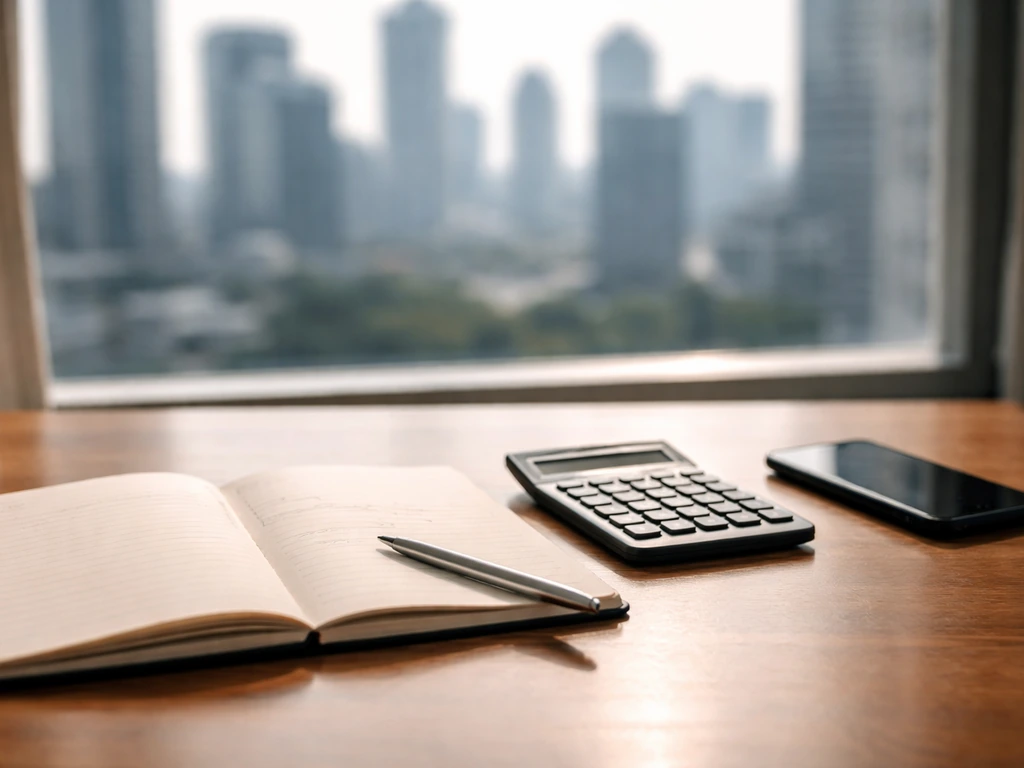 Minimal photo of a finance notebook and calculator on a desk with a blurred city backdrop