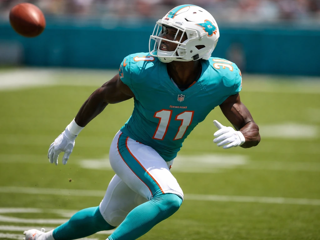 Miami Dolphins cornerback making a play on a sunny football field, stadium lights in the background.