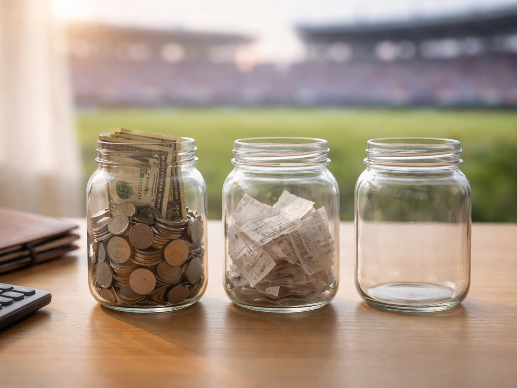 Minimal desk scene with jars of coins and receipts suggesting assets, liabilities, and net worth.