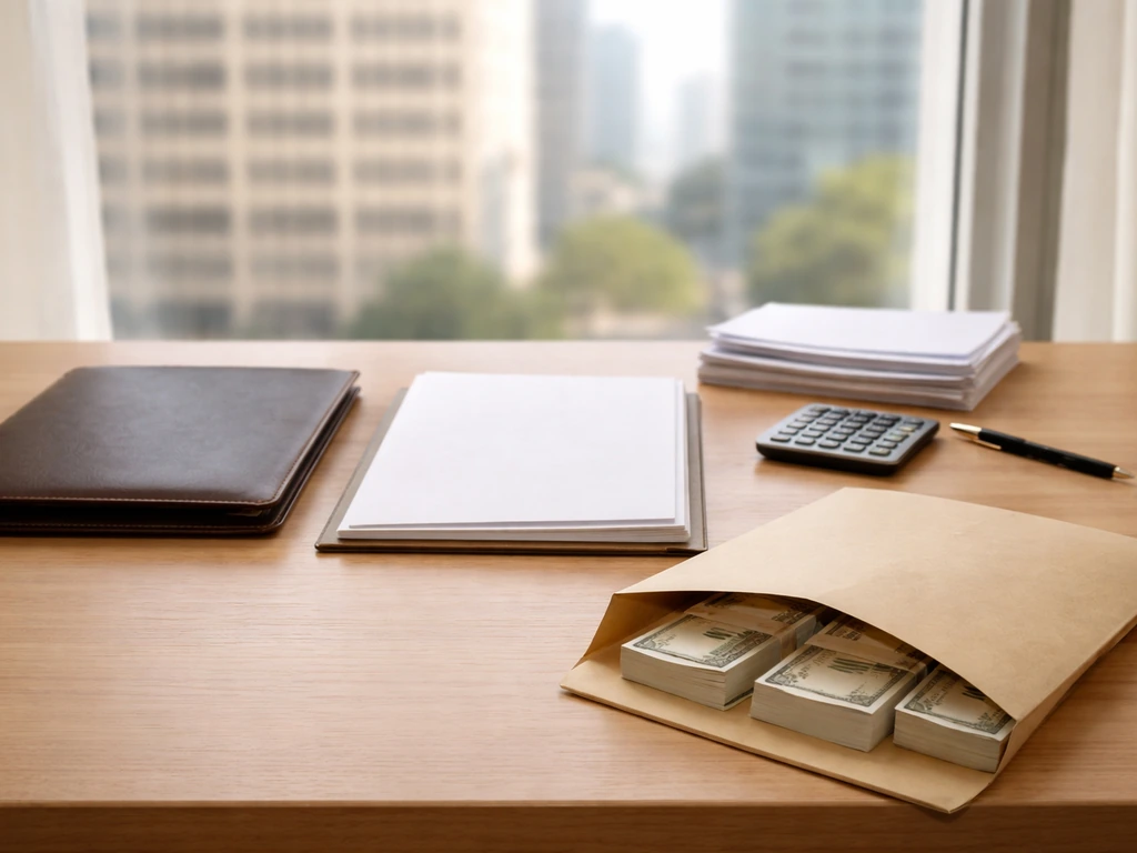 Minimal desk scene with a contract folder and cash envelope, symbolizing guaranteed signing money.