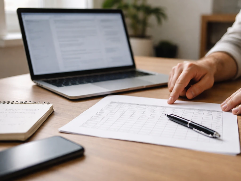 Desk with laptop, blank spreadsheet, pen, and notes suggesting net worth figure verification.