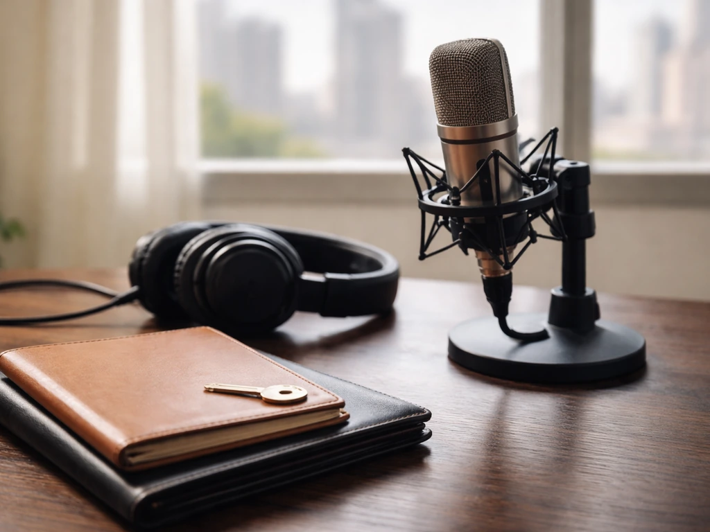 Minimal studio scene with microphone and luxury cues symbolizing a media personality behind a net worth estimate.