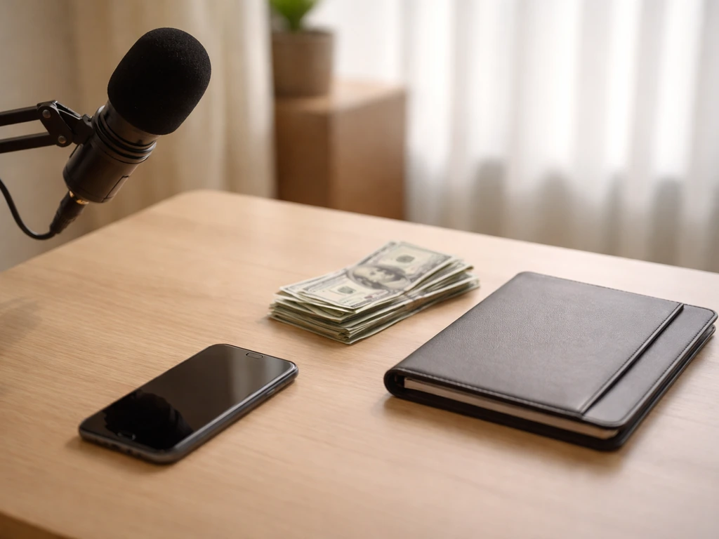 Minimal desk scene with scattered cash and a smartphone beside a small media studio microphone.