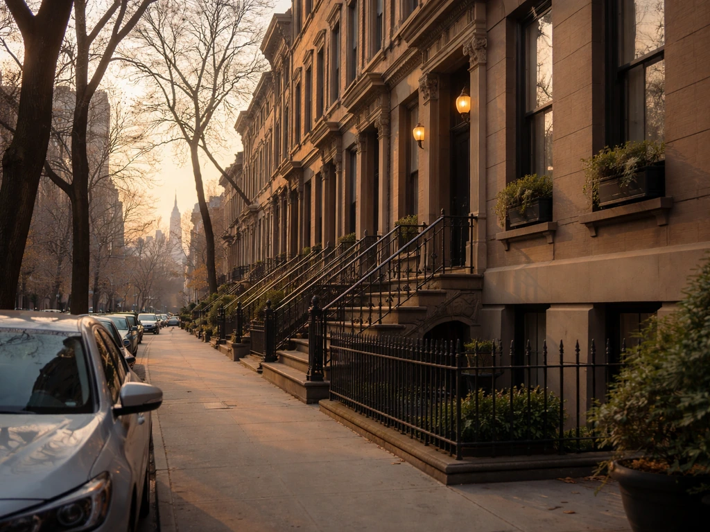 Street-level view of a New York brownstone with a distant Manhattan skyline at golden hour.
